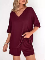 Solid Color V-Neck and Shorts Set