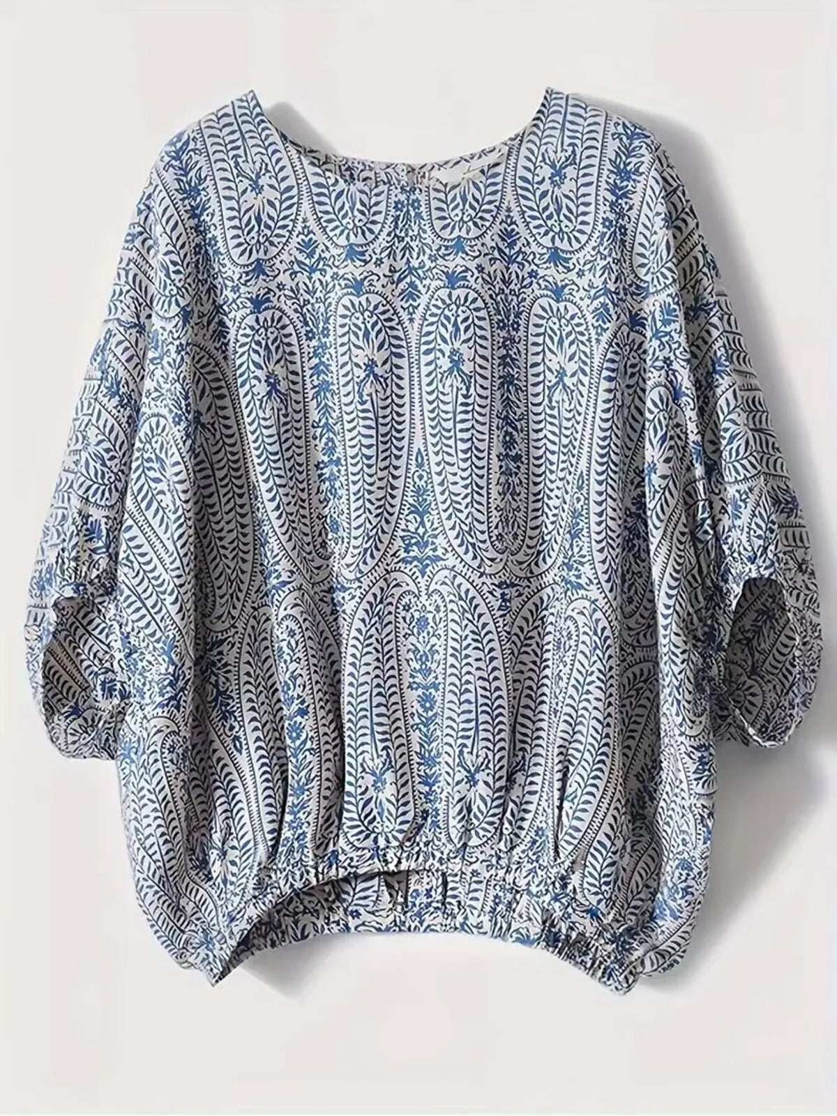 Bohemian Print Round Neck Loose Batwing Sleeve Blouse - Ladyez