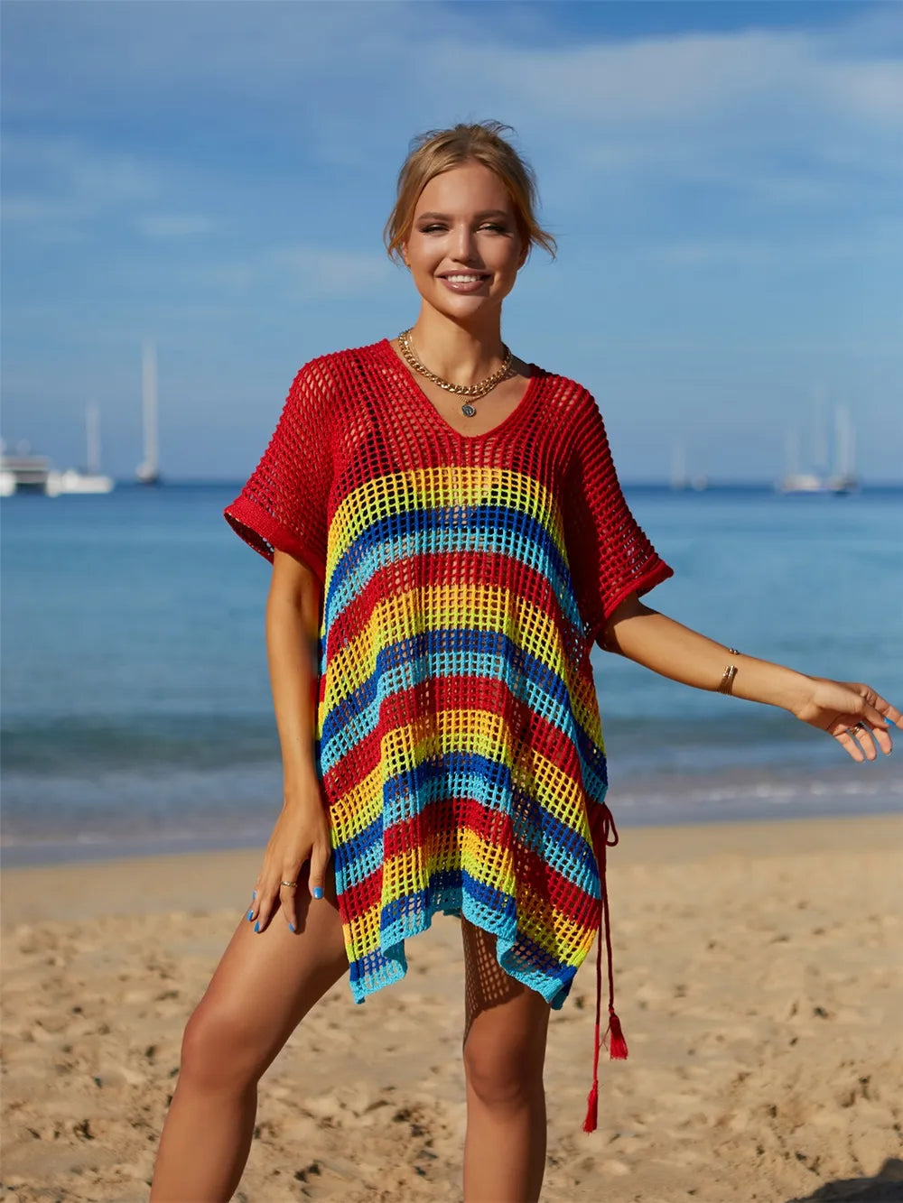 Angel Wings Cutout Striped Cover-Up with Tassel - Ladyez