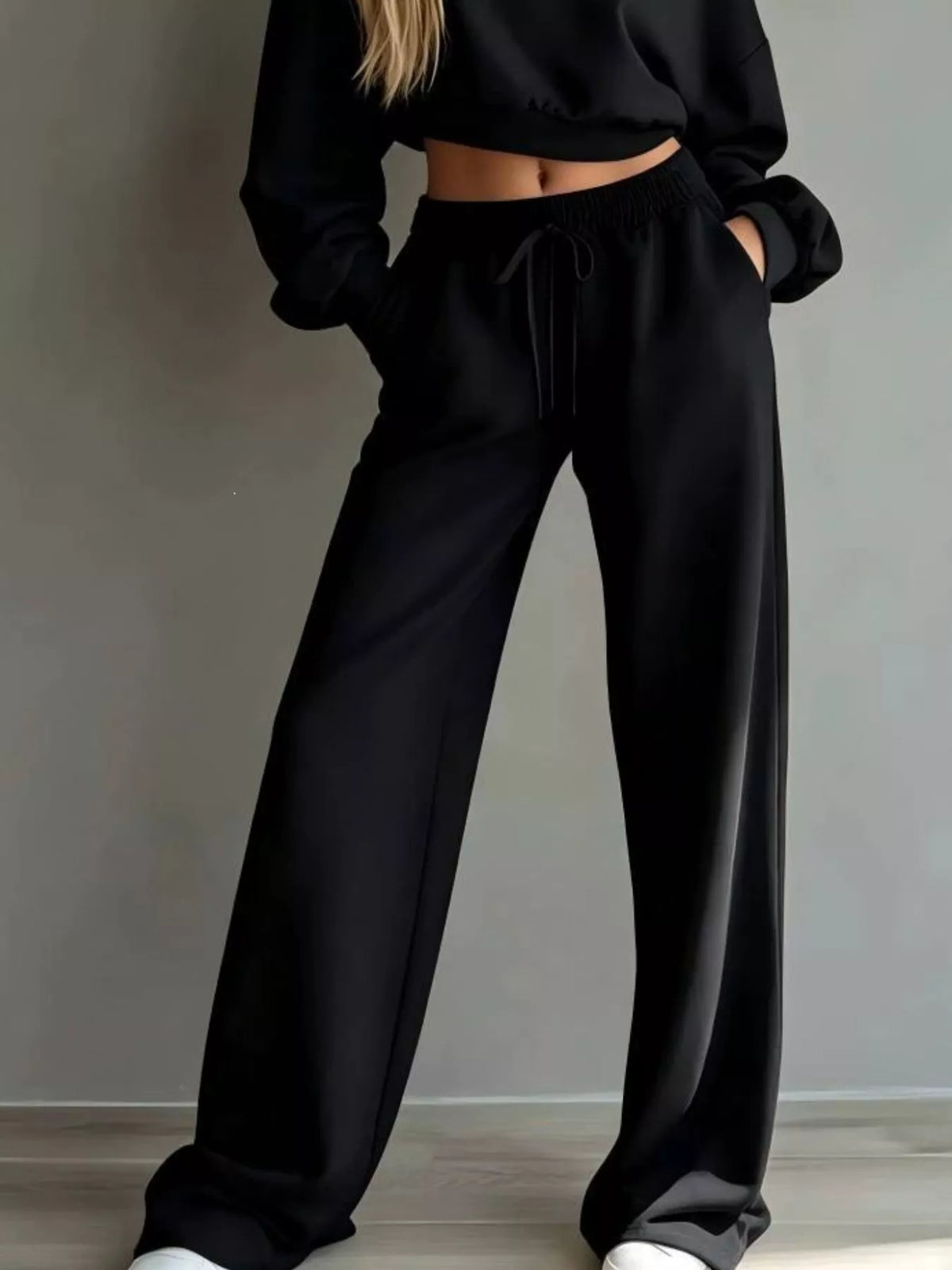 Round Neck Cropped Sweatshirt and Wide-Leg Pants Set