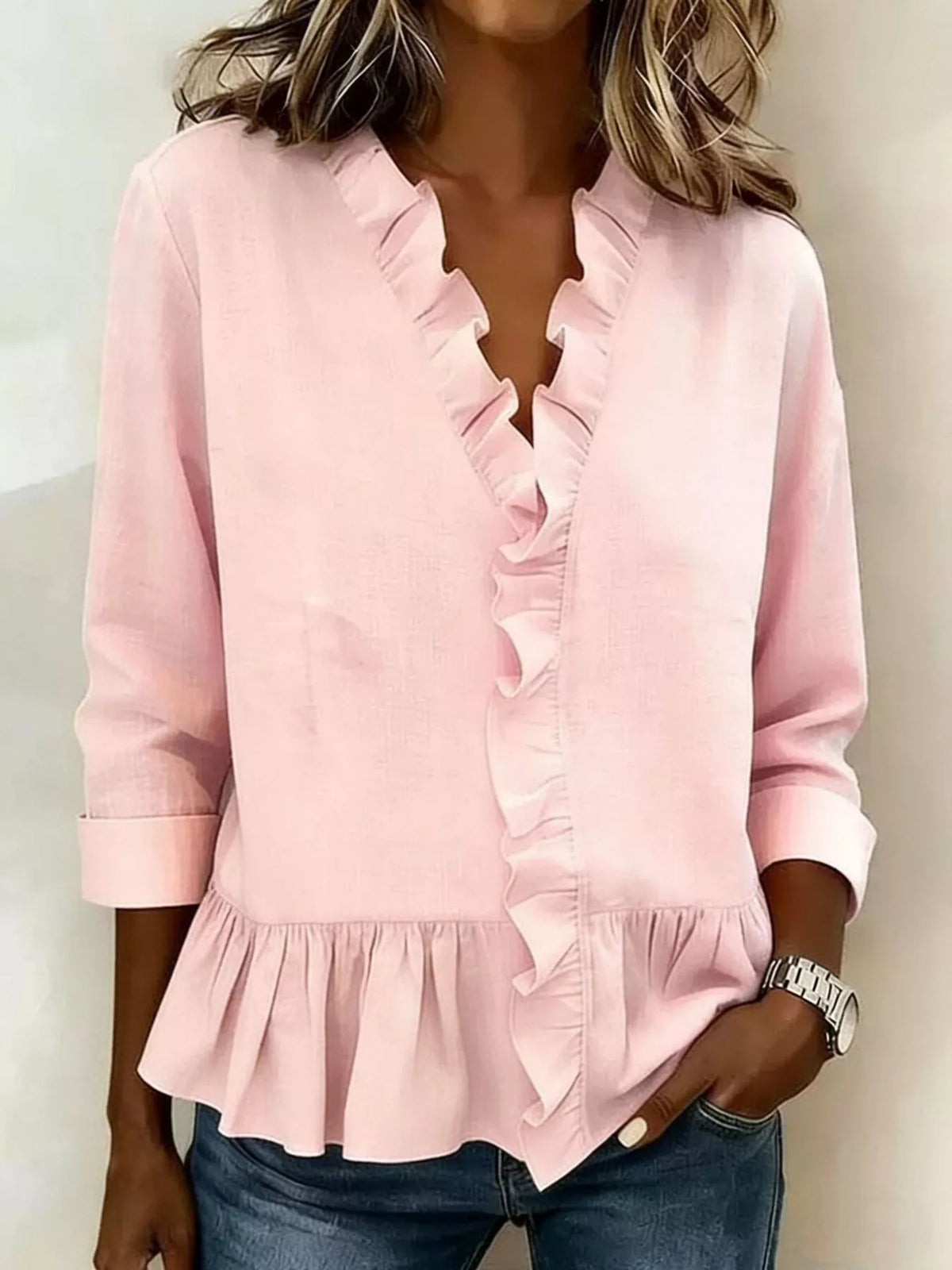 Full Size Ruffled V-Neck Long Sleeve Blouse Plus Size