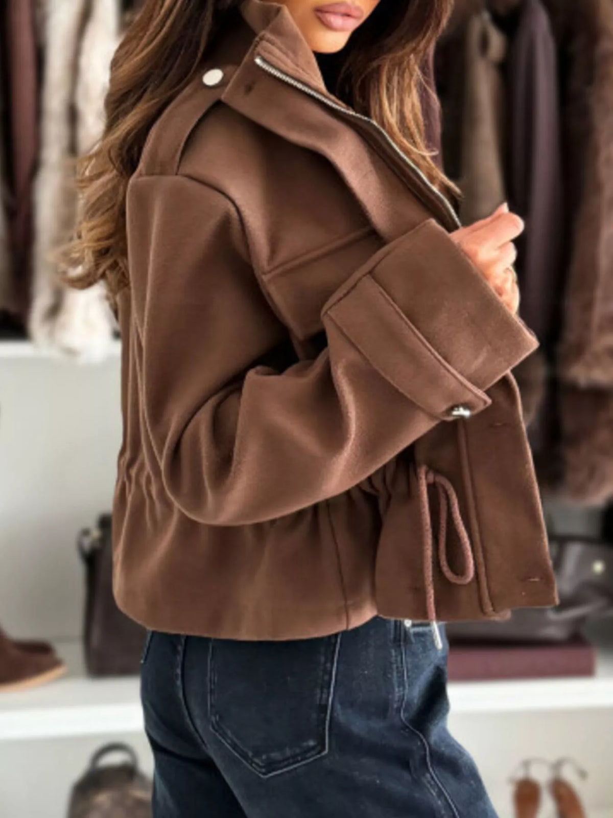 Drawstring Button-Up Casual Jacket