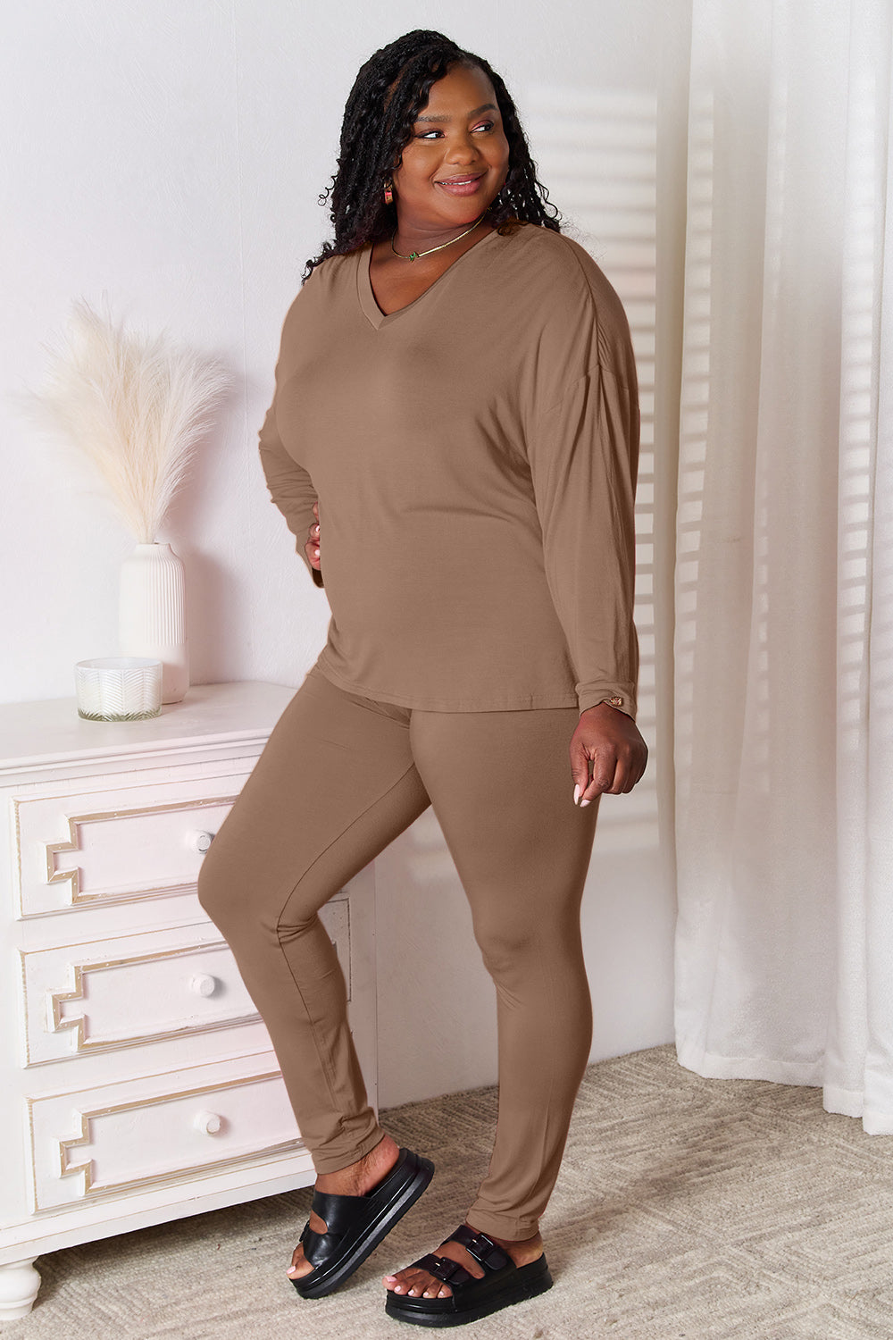 Basic Bae Full Size V-Neck Soft Rayon Long Sleeve Top and Pants Lounge Set - Ladyez