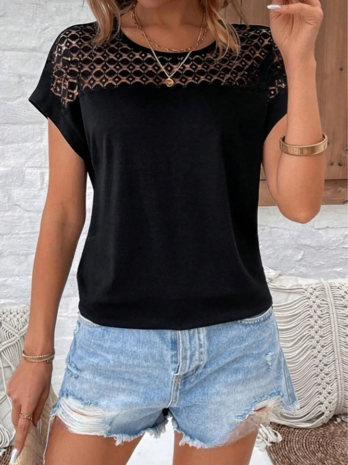 Lace Round Neck Short Sleeve T-Shirt - Ladyez