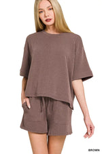 Zenana Raised Rib Short Sleeve Tee and Drawstring Shorts Set
