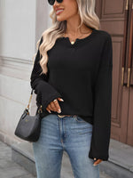 Striped Notched Long Sleeve T-Shirt
