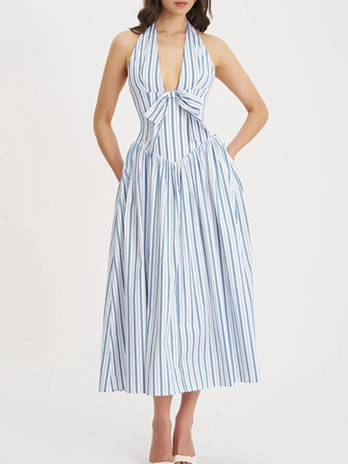 Striped Halter Neck Midi Dress with Tie Front Detail - Ladyez