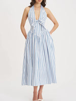 Striped Halter Neck Midi Dress with Tie Front Detail - Ladyez