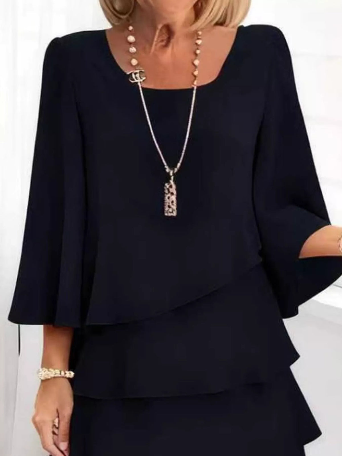 Full Size Ruffled Layered 3/4 Sleeve Dress Plus Size