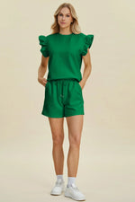 Double Take Full Size Texture Round Neck Ruffle Sleeve Top and Shorts Set