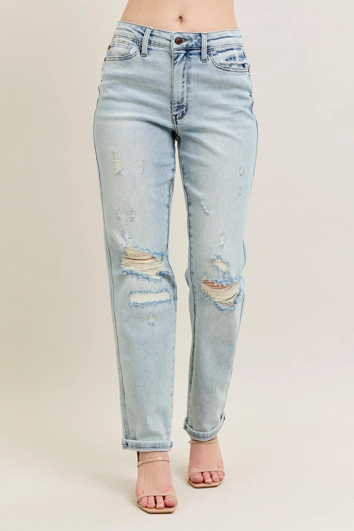 Judy Blue Full Size Mr Repair Stitch Detail Destroy Single Cuff Bf Jeans Plus Size - Ladyez