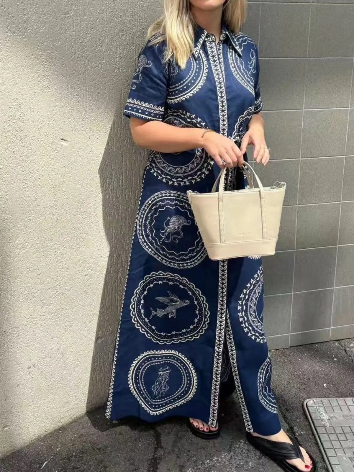 Printed Maxi Shirt Dress with Belt