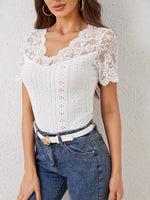 Lace Trim Eyelet Embroidered Summer T-Shirt - Ladyez