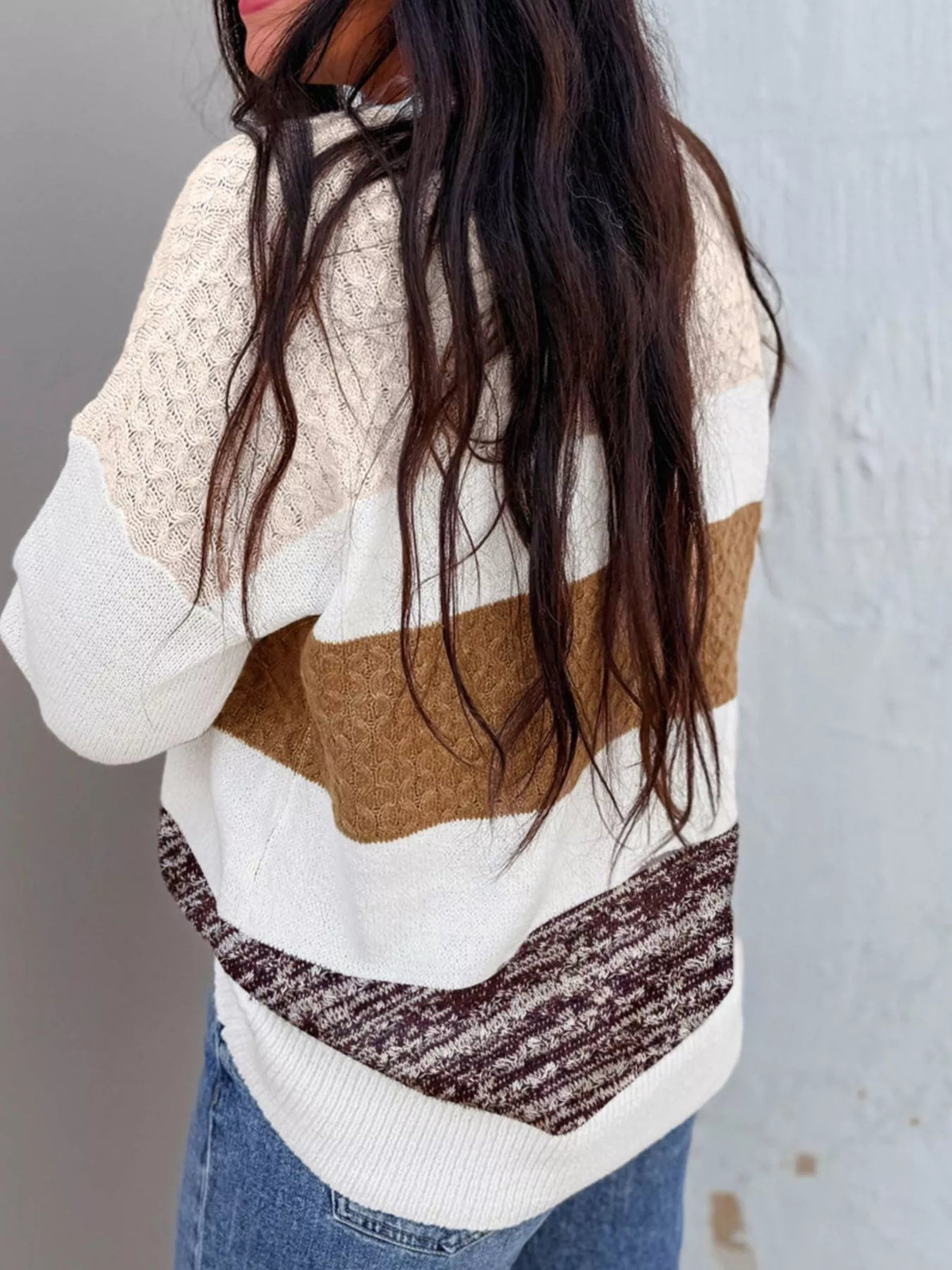 Mixed Texture Knit Striped Color Block Loose Sweater
