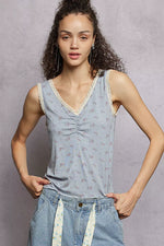 POL Ruched Floral V-Neck Tank with Lace Detail