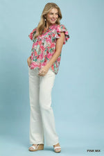 Umgee Mix Tropical Print Blouse with Ruffle Cap Sleeves