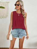 Round Neck Sleeveless Top with Pleated Front Detail - Ladyez
