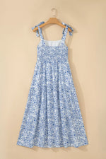Floral Print Knot Straps High Waist Flared Maxi Dress