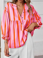Striped Button Front Notched Blouse