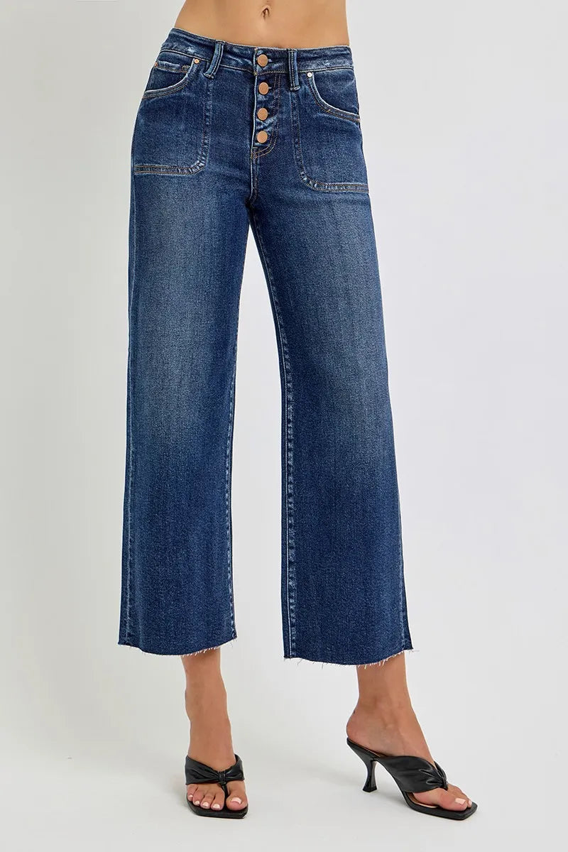 RISEN Full Size High Rise Crop Wide Button Up Jeans Plus Size - Ladyez