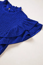 Solid Color Textured Ruffle Trim Short Sleeve Blouse
