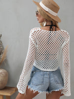 Openwork Flare Sleeve Cropped Cover Up - Ladyez