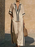 Full Size Contrast Trim Top and Pants Set Plus Size