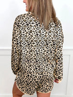 Leopard Print Contrast Trim Long Sleeve Pullover and Drawstring Shorts 2pcs Outfit