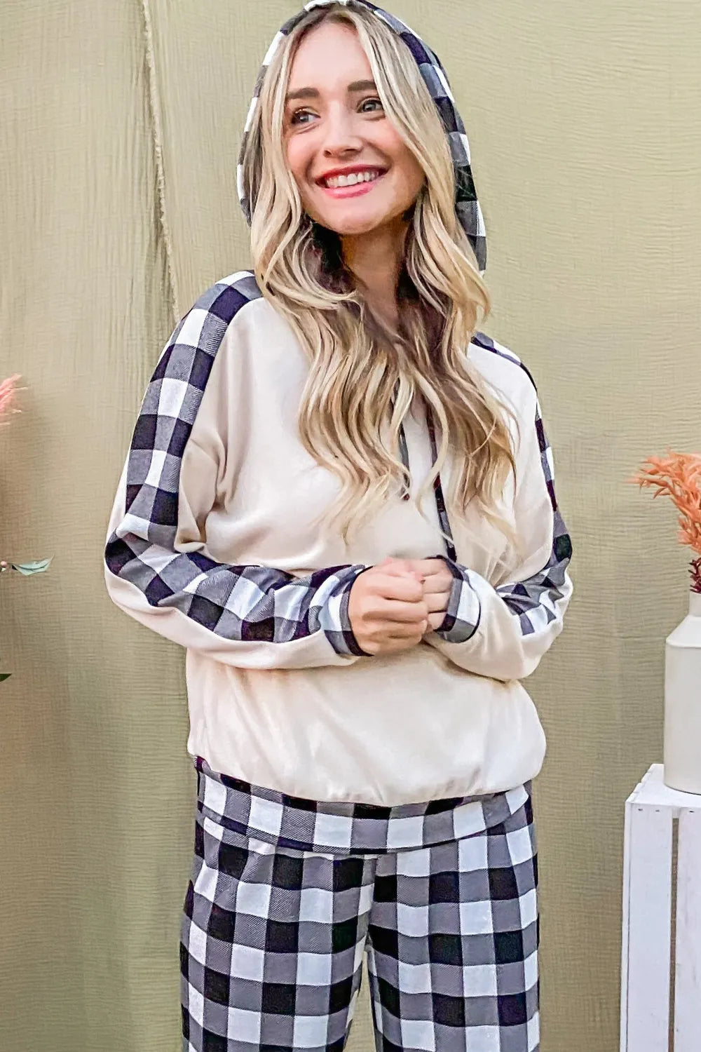 And The Why Drawstring Hooded Top and Plaid Pants Lounge Set - Ladyez