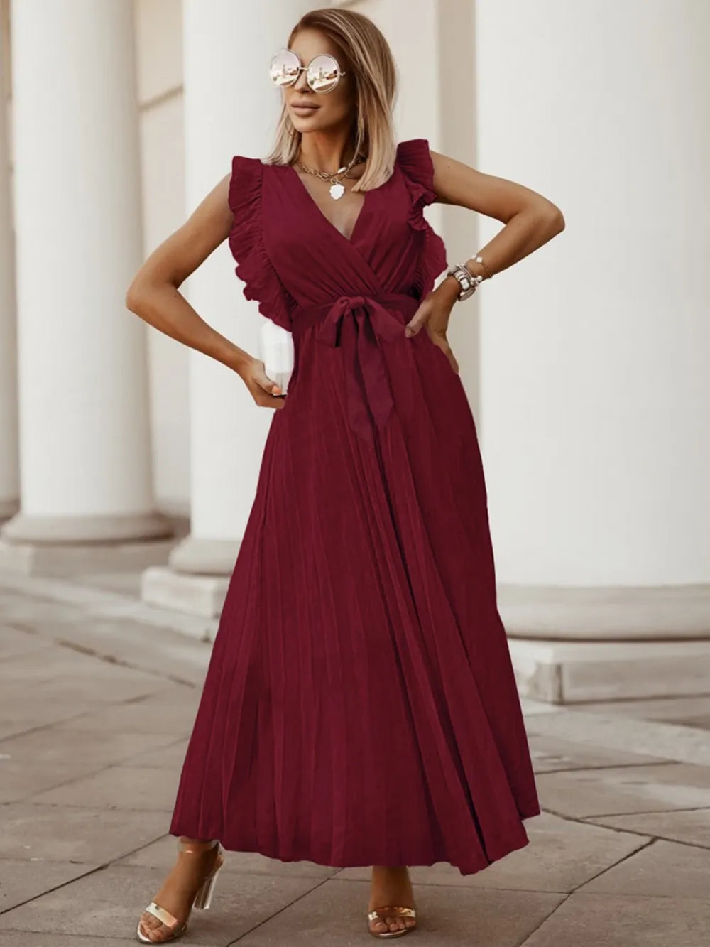 Tied Surplice Cap Sleeve Pleated Dress - Ladyez