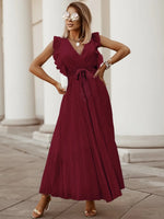 Tied Surplice Cap Sleeve Pleated Dress - Ladyez