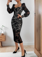 Perfee Lace Sweetheart Neck Long Sleeve Midi Dress - Ladyez