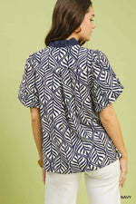 Umgee Printed Puff Sleeve Ruffle Neck Top