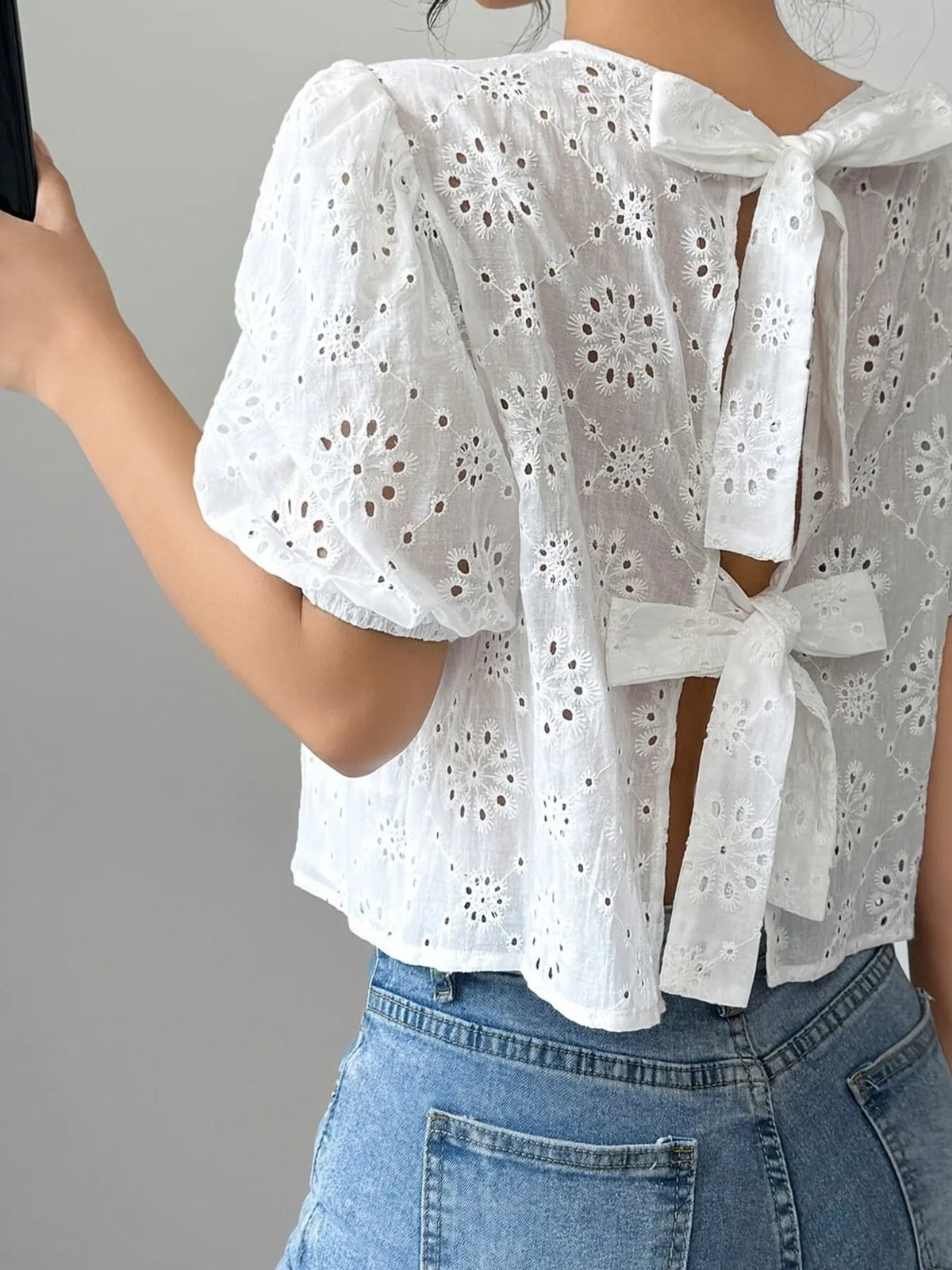 Eyelet Embroidered Puff Sleeve Tie-Back Blouse - Ladyez