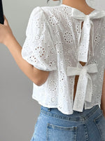 Eyelet Embroidered Puff Sleeve Tie-Back Blouse - Ladyez