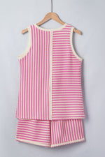 Stripe Textured Contrast Trim Casual Tank and Shorts Set