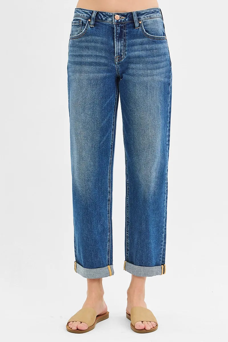 RISEN Full Size Mid Rise Boyfriend Roll Up Jeans Plus Size - Ladyez