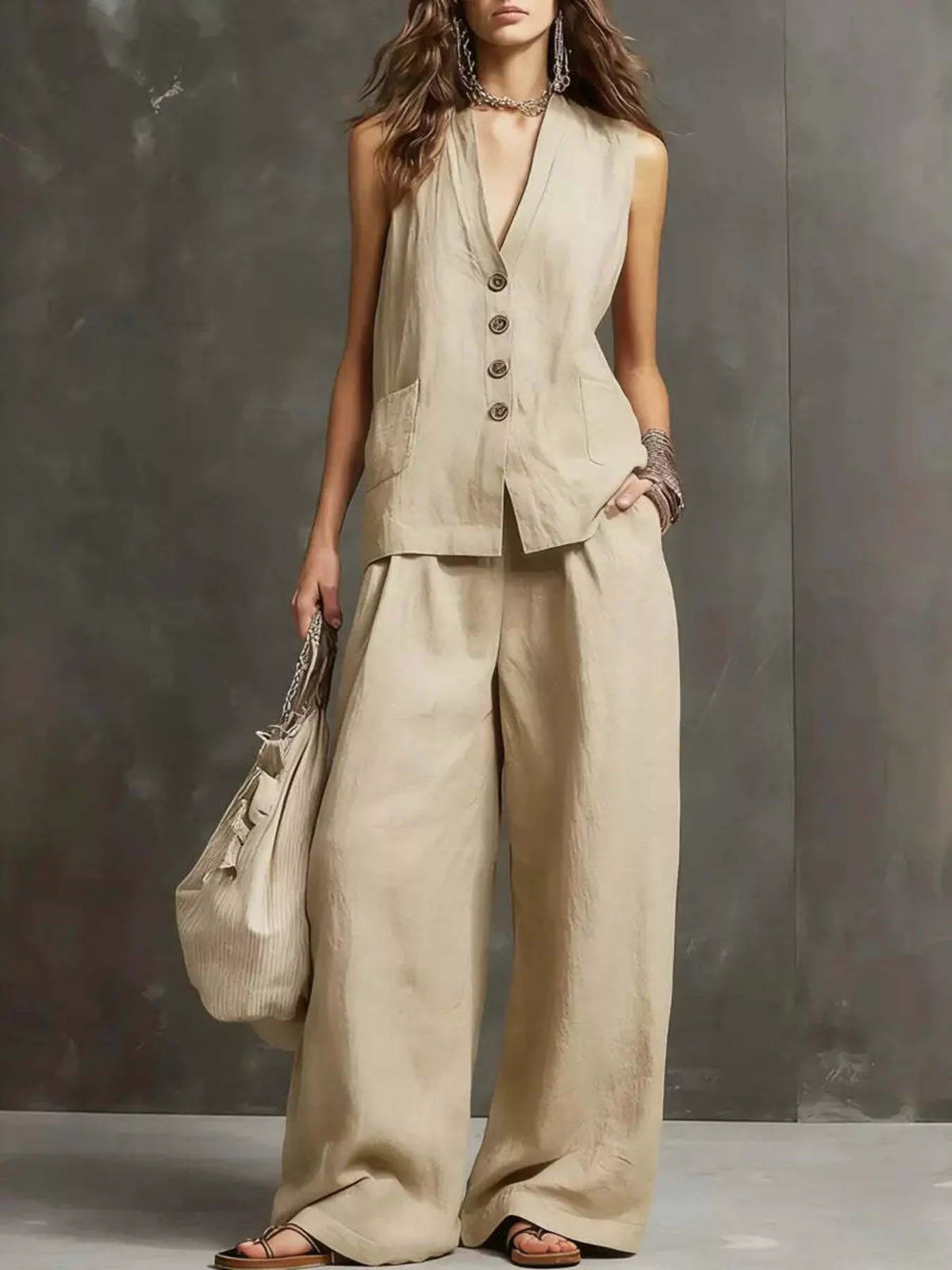 Full Size Sleeveless Vest and Wide-Leg Pants Set Plus SIze
