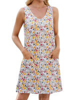Printed V-Neck Sleeveless Mini Dress with Pockets - Ladyez
