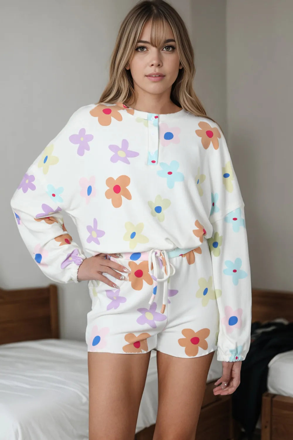 Printed Quarter Button Top and Drawstring Shorts Lounge Set - Ladyez