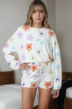Printed Quarter Button Top and Drawstring Shorts Lounge Set - Ladyez