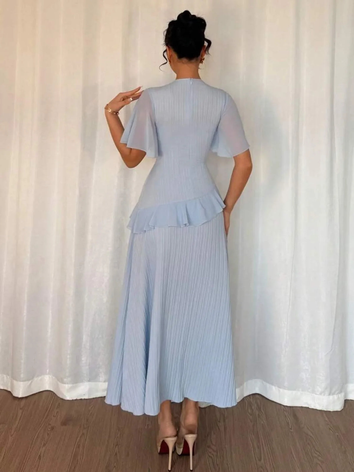 Ruffled Round Neck Flutter Sleeve Dress