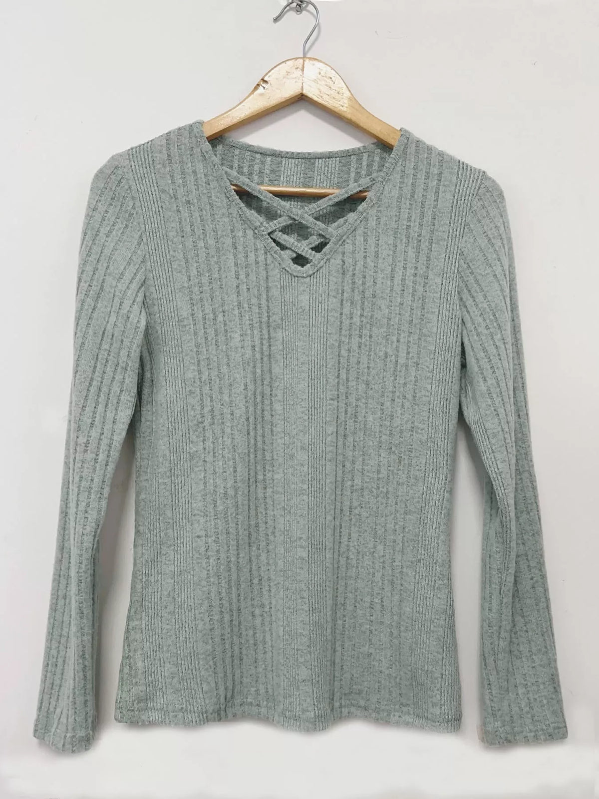 Crisscross V-Neck Ribbed Knit Long Sleeve T-Shirt