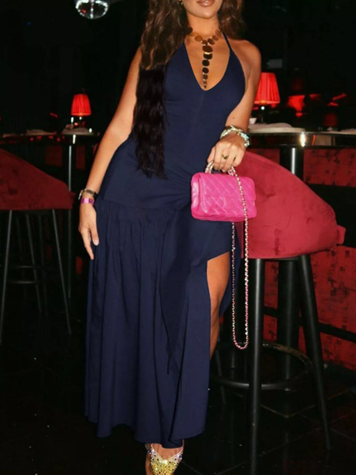 Halter Neck Ruched Bodysuit and Maxi Skirt Set
