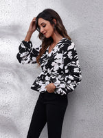 Floral V-Neck Balloon Sleeve Peplum Blouse