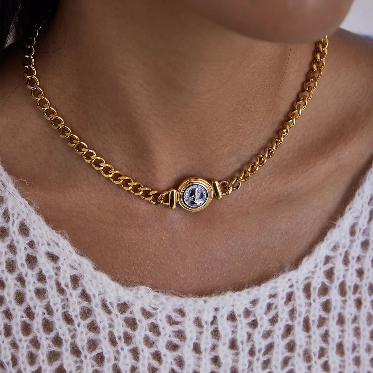 18K Gold-Plated Vintage Coin Charm Curb Chain Necklace