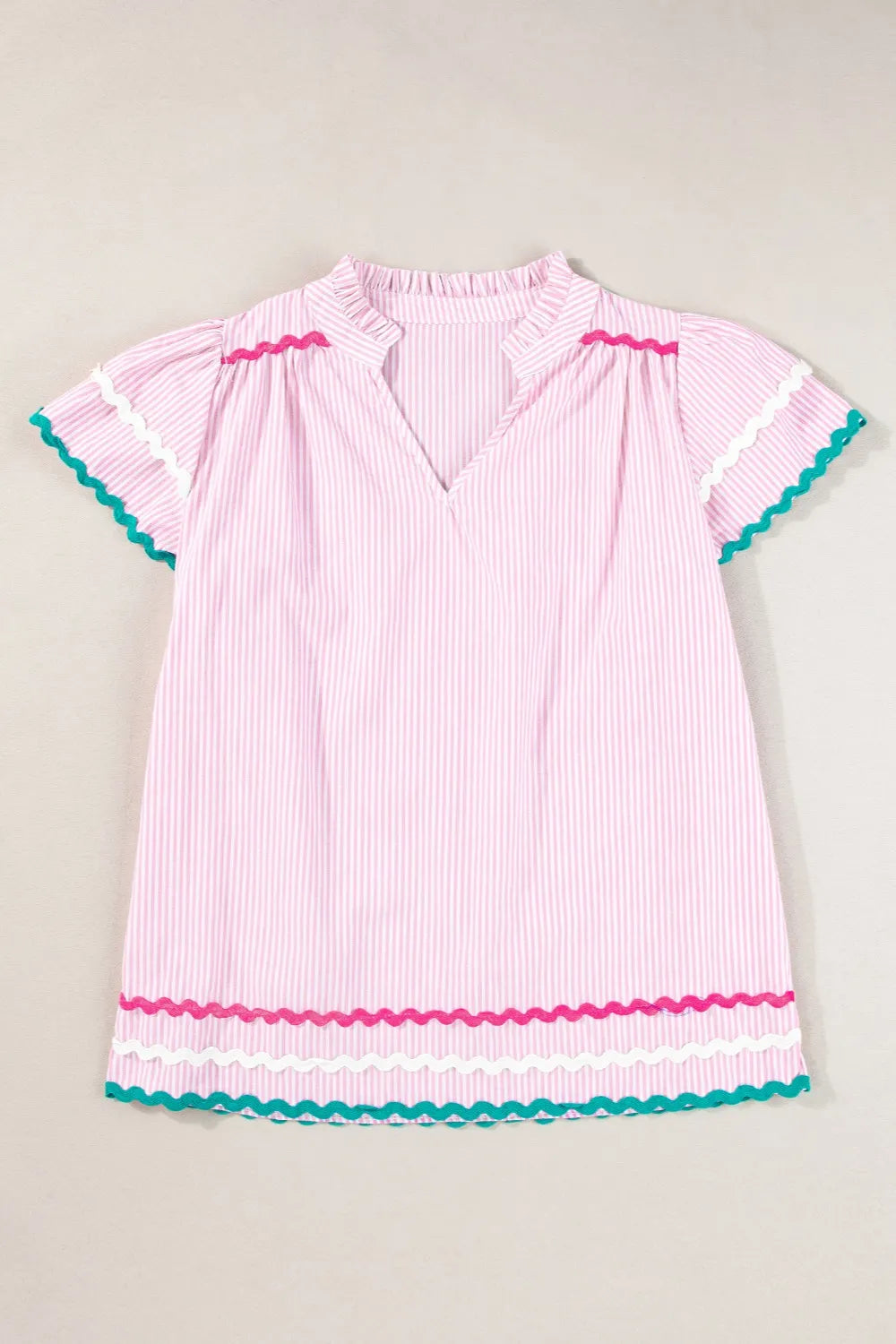 Striped Notched Short Sleeve Blouse