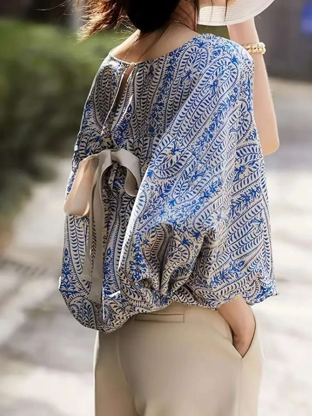 Bohemian Print Round Neck Loose Batwing Sleeve Blouse - Ladyez