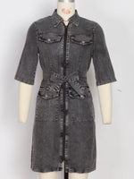 Zipper Front Short Sleeve Denim Dress