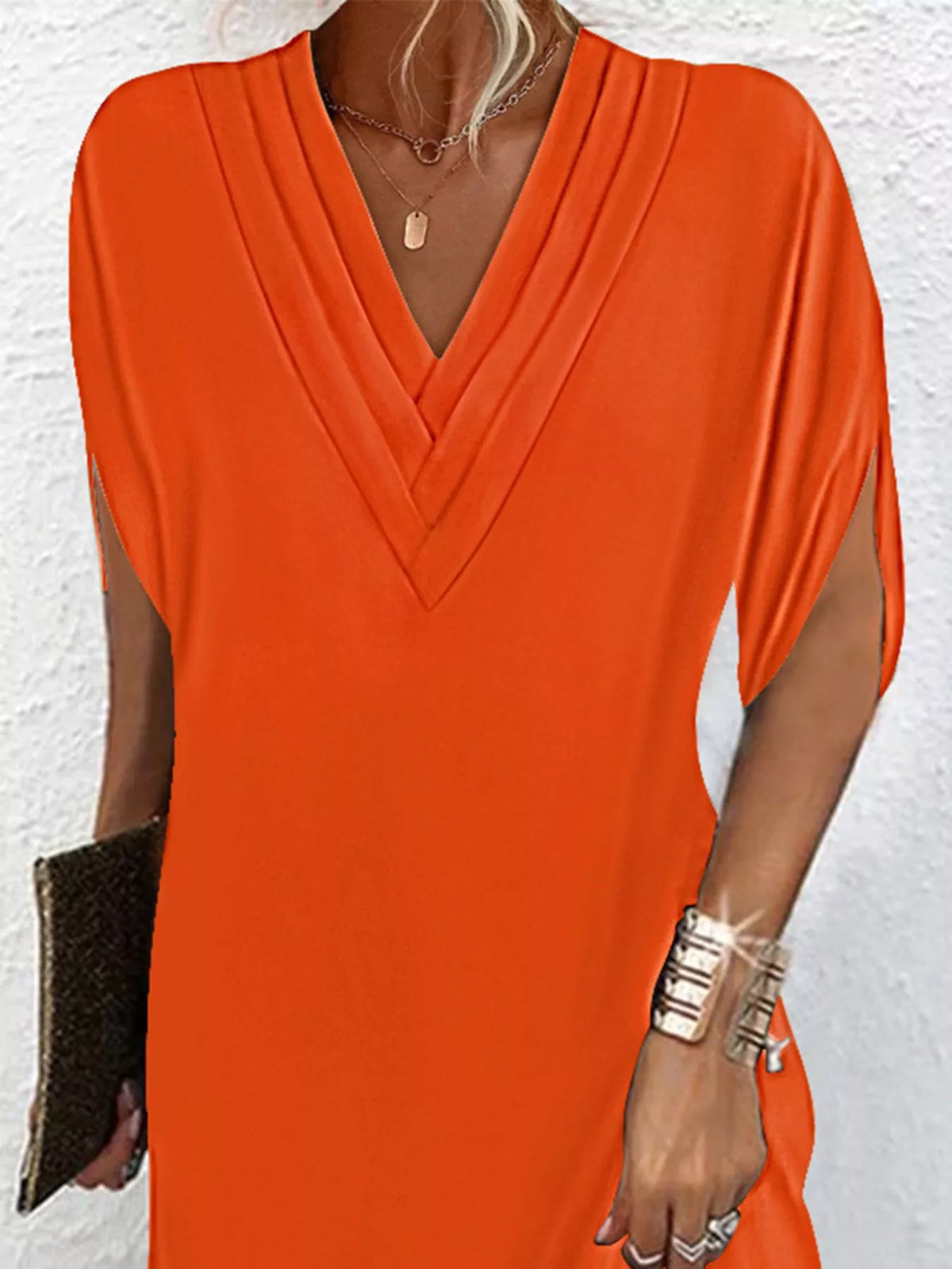 Full Size V-Neck Slit Sleeve Mini Dress Plus Size